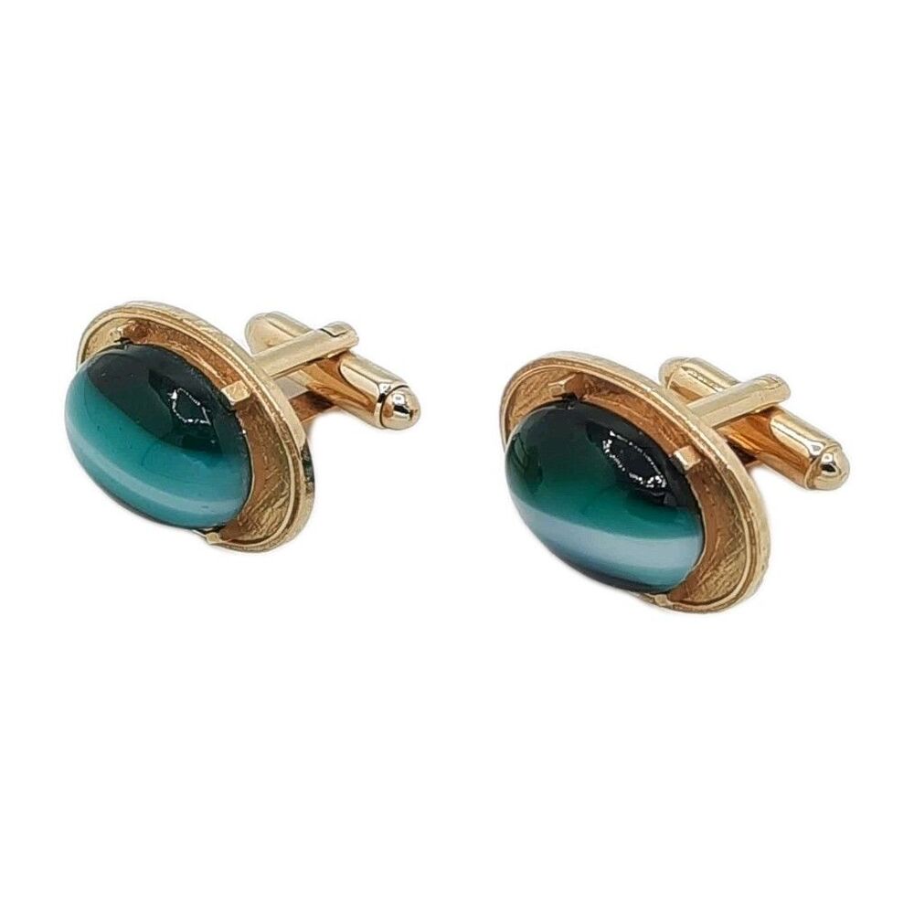 Vintage DANTE Cufflinks Green White Swirl Cats Eye Oval Cabochon Gold Tone